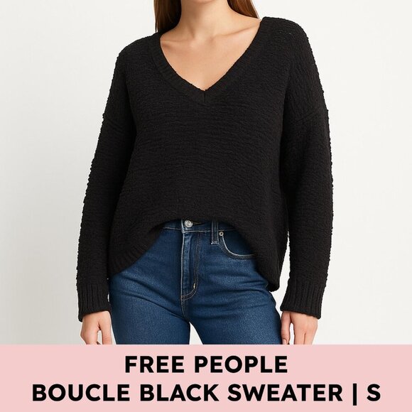Free People Sweaters - Free People Black Bouclé Textured Knit Sweater Oversized Slouchy Quiet Luxury Si